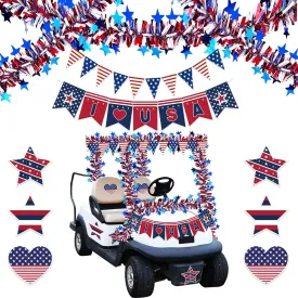 4th of July Golf Cart Parade Decorations Kit - Patriotic Parade Golf Cart Decor with Banner Bunting Flags Tinsel Garlands Cutouts Red White Blue Decor for Patriotic Independence