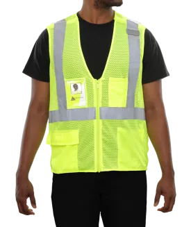 508STLM Safety Vest: Hi-Vis Vest: Clear ID Pocket: 5pt Breakaway: Lime Zip Mesh