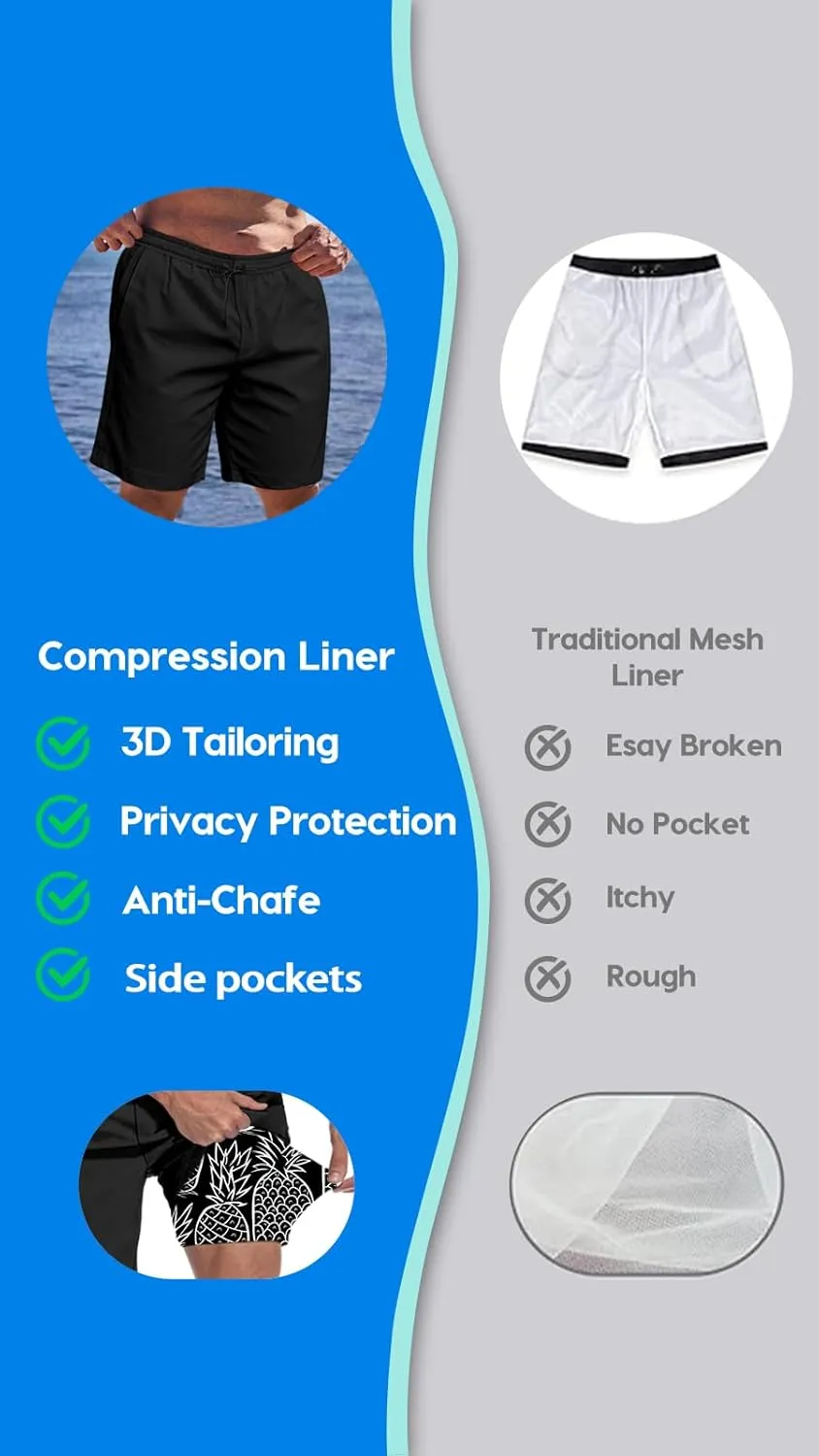 Big and Tall Men's Swim Trunk 8" with Compression Liner 8 Inch Inseam Quick Dry Board Shorts & Zipper Pocket 2XL-9XL