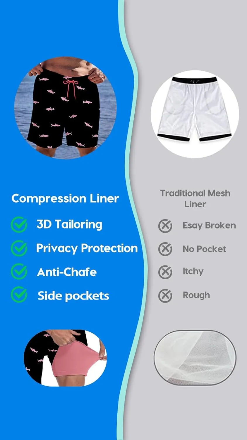 Big and Tall Men's Swim Trunk 8" with Compression Liner 8 Inch Inseam Quick Dry Board Shorts & Zipper Pocket 2XL-9XL