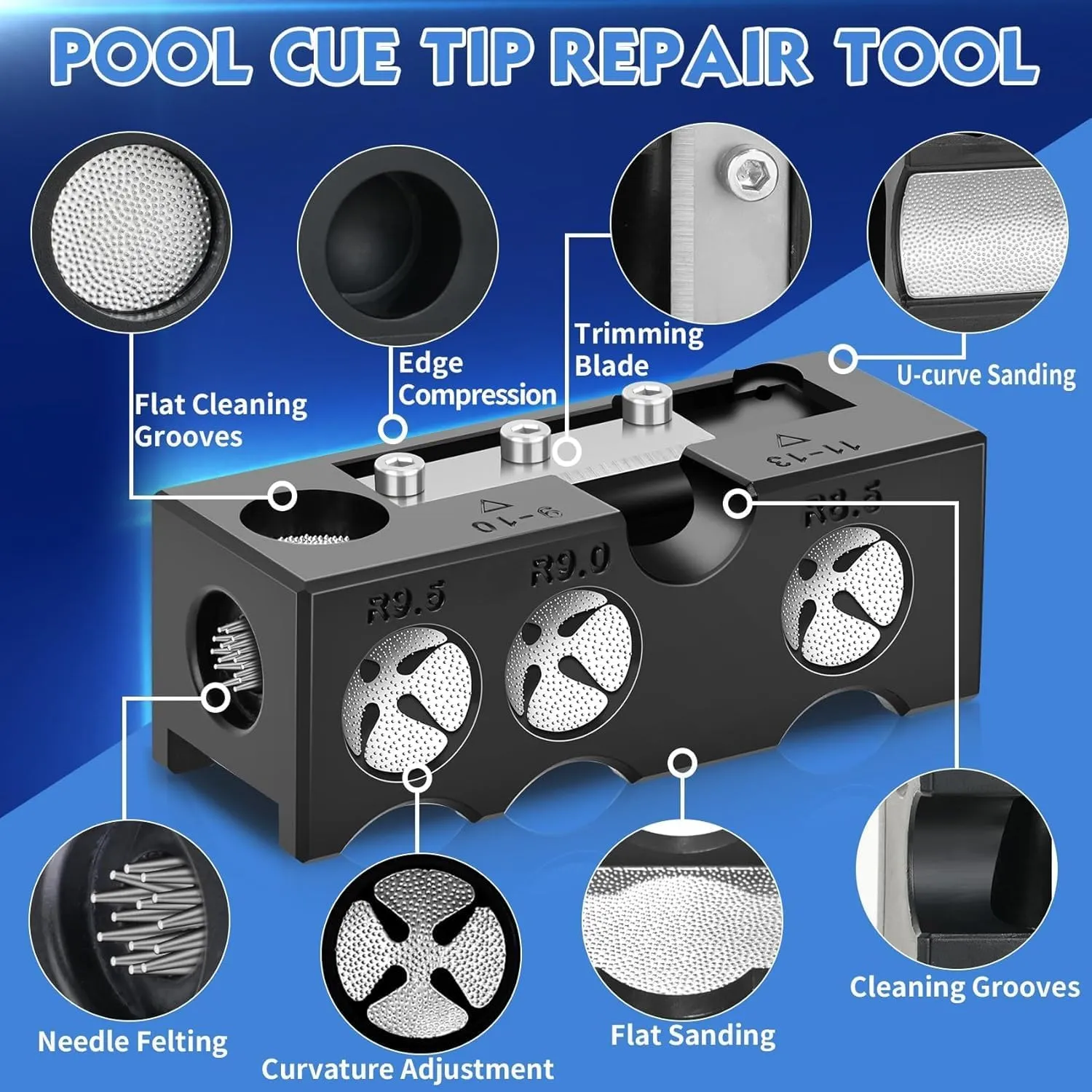 Billiards Pool Cue Tip Shaper, Pool Cue Tips Replacement Kit, Pool Cue Shaper, Pool Cue Tip Tool, Pool Cue Tips Repair Tool for Replacement and Shaping Cue Tips (10-in-1)