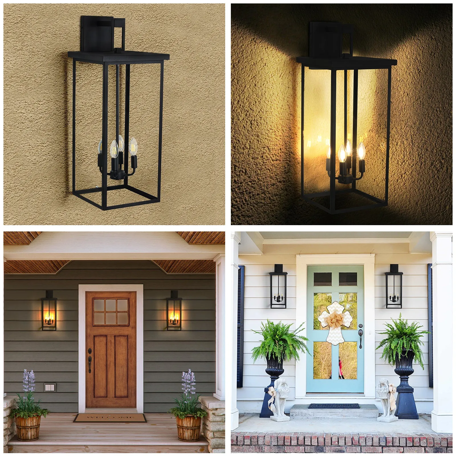Black Porch Wall Light Outdoor Lantern Wall Light 4 Lights