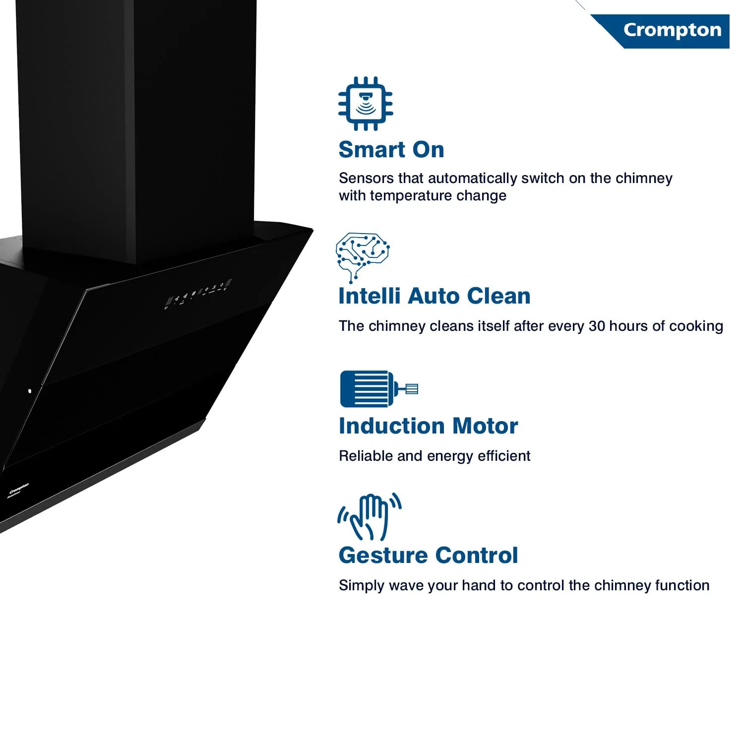 Crompton CMH - CHD-SSI60FLE-MBL SensoSmart Inclined 60cm Filter less Auto Clean Wall Mounted Chimney Black