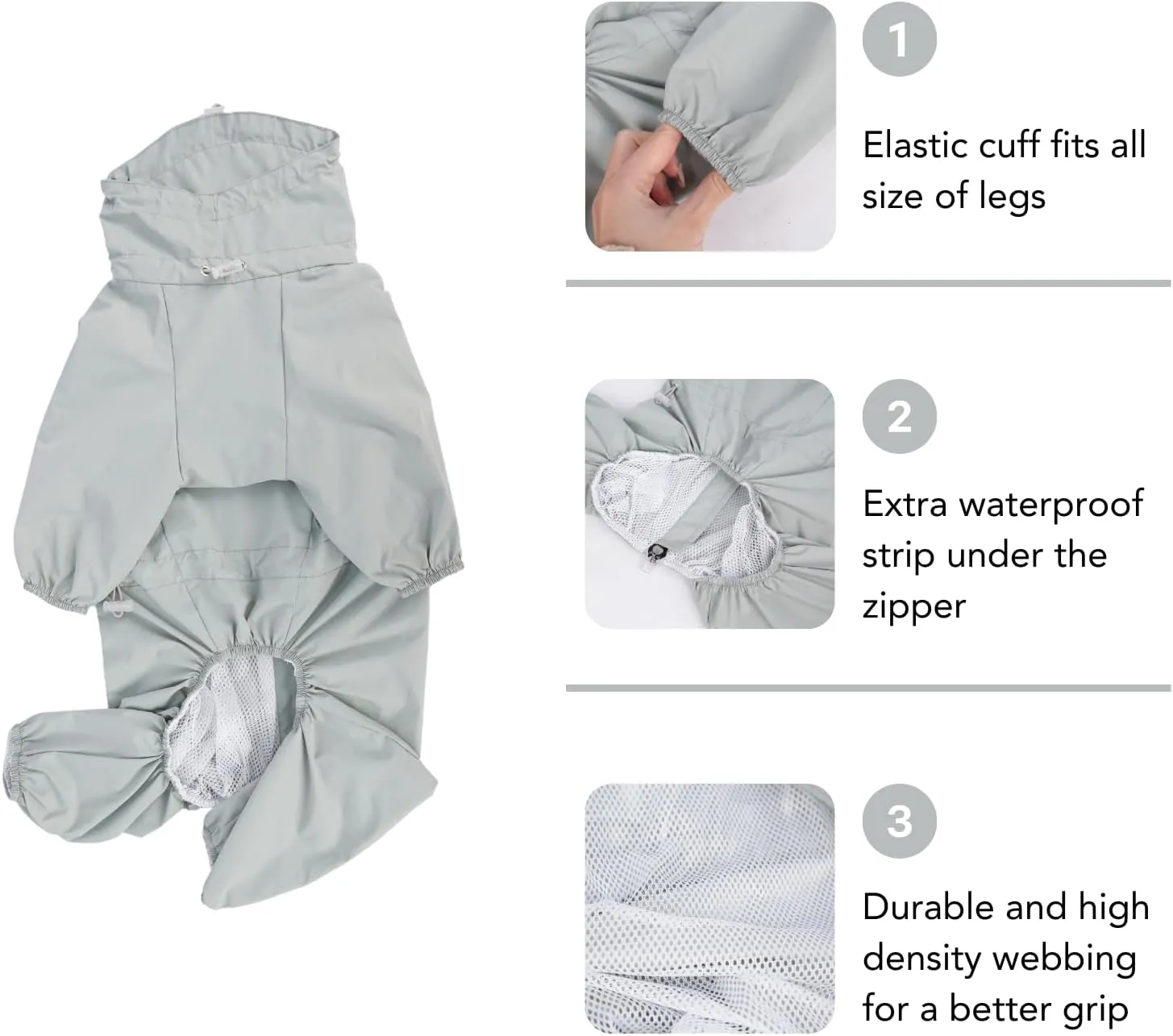 Dog Raincoat, Waterproof Coat, Light Weight & Weather Resistant Shell, Full Coverage Rain Jacket with Legs, Grey, Including Storage Bag, for Small Breed (Small)