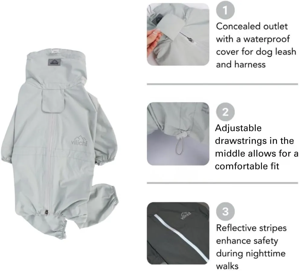 Dog Raincoat, Waterproof Coat, Light Weight & Weather Resistant Shell, Full Coverage Rain Jacket with Legs, Grey, Including Storage Bag, for Small Breed (Small)
