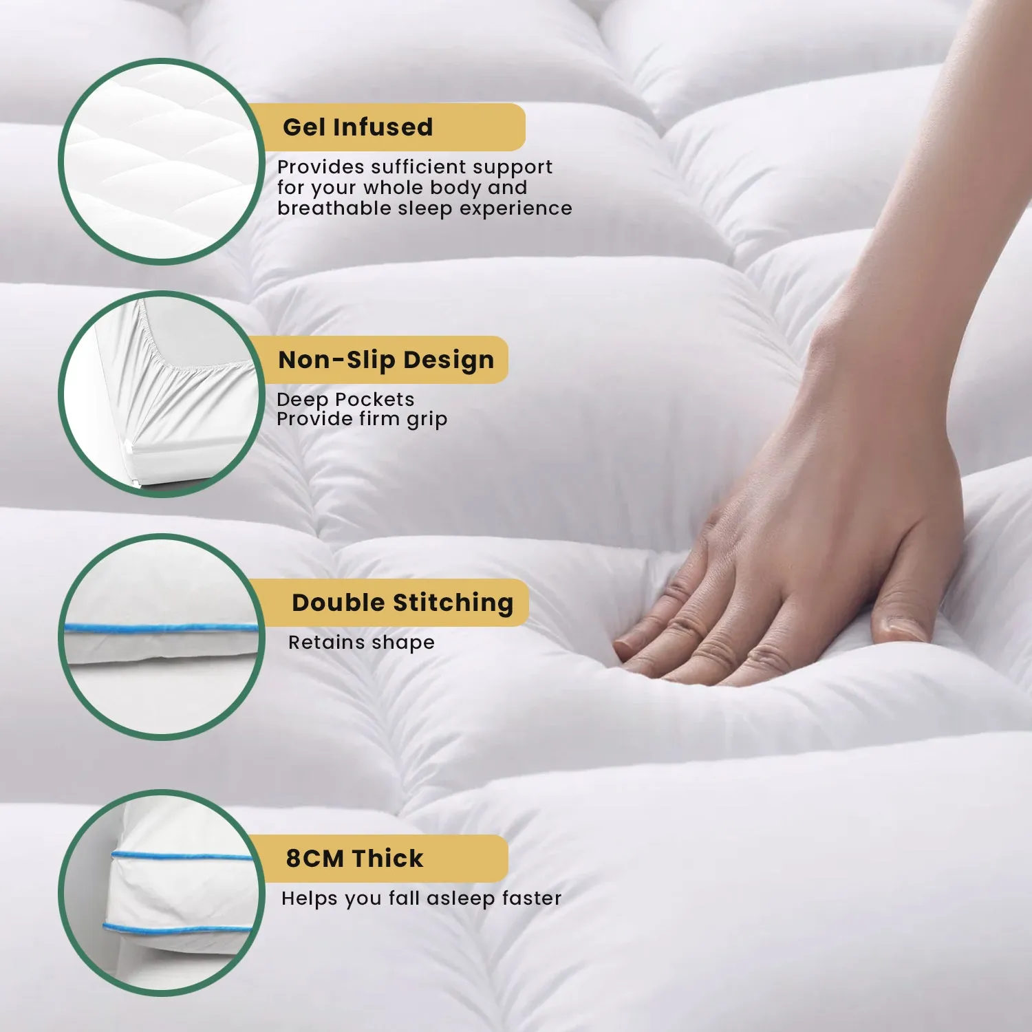 Gel Mattress Topper 8cm Thickness - 180x200cm White with Blue Cord