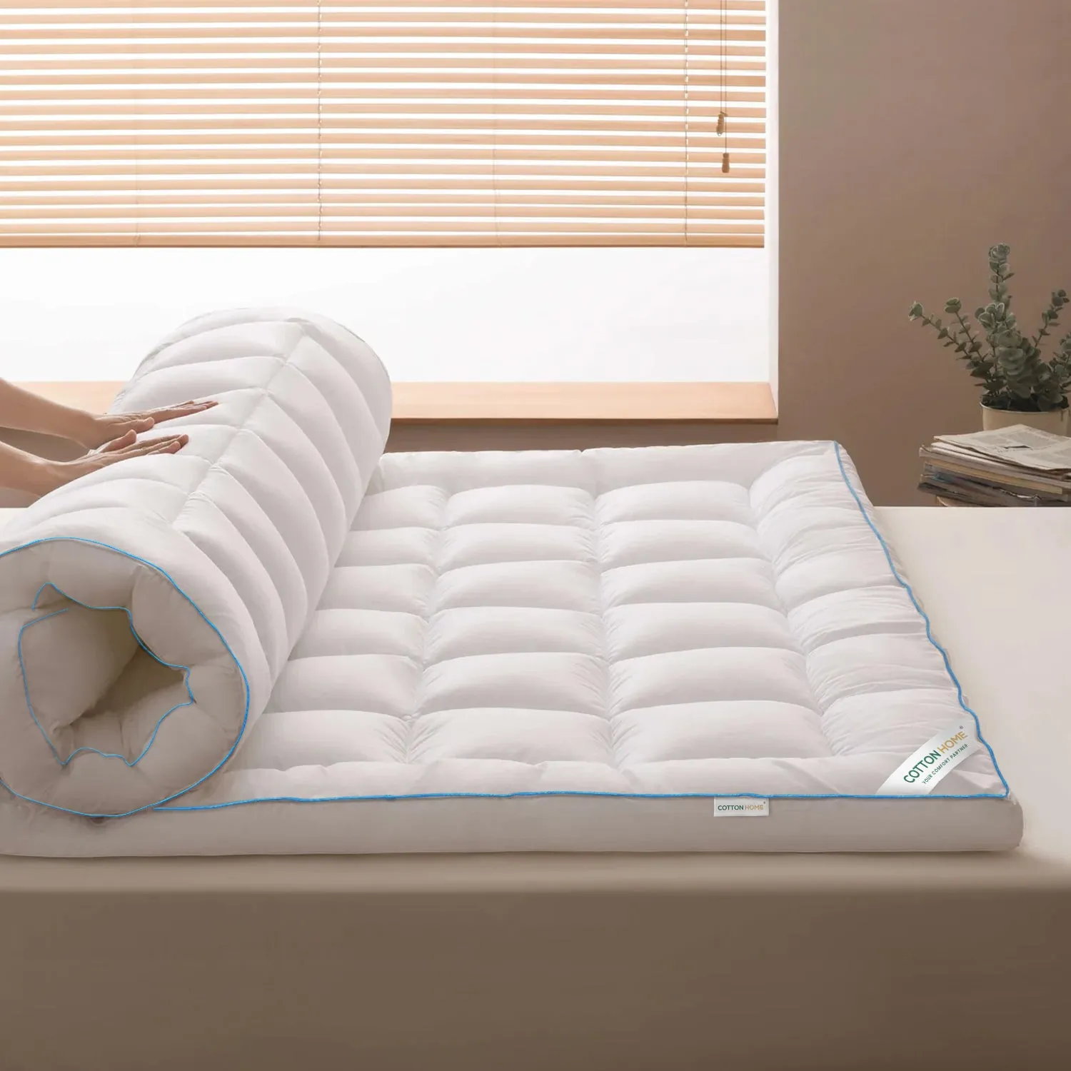 Gel Mattress Topper 8cm Thickness - 90x200cm White with Blue Cord