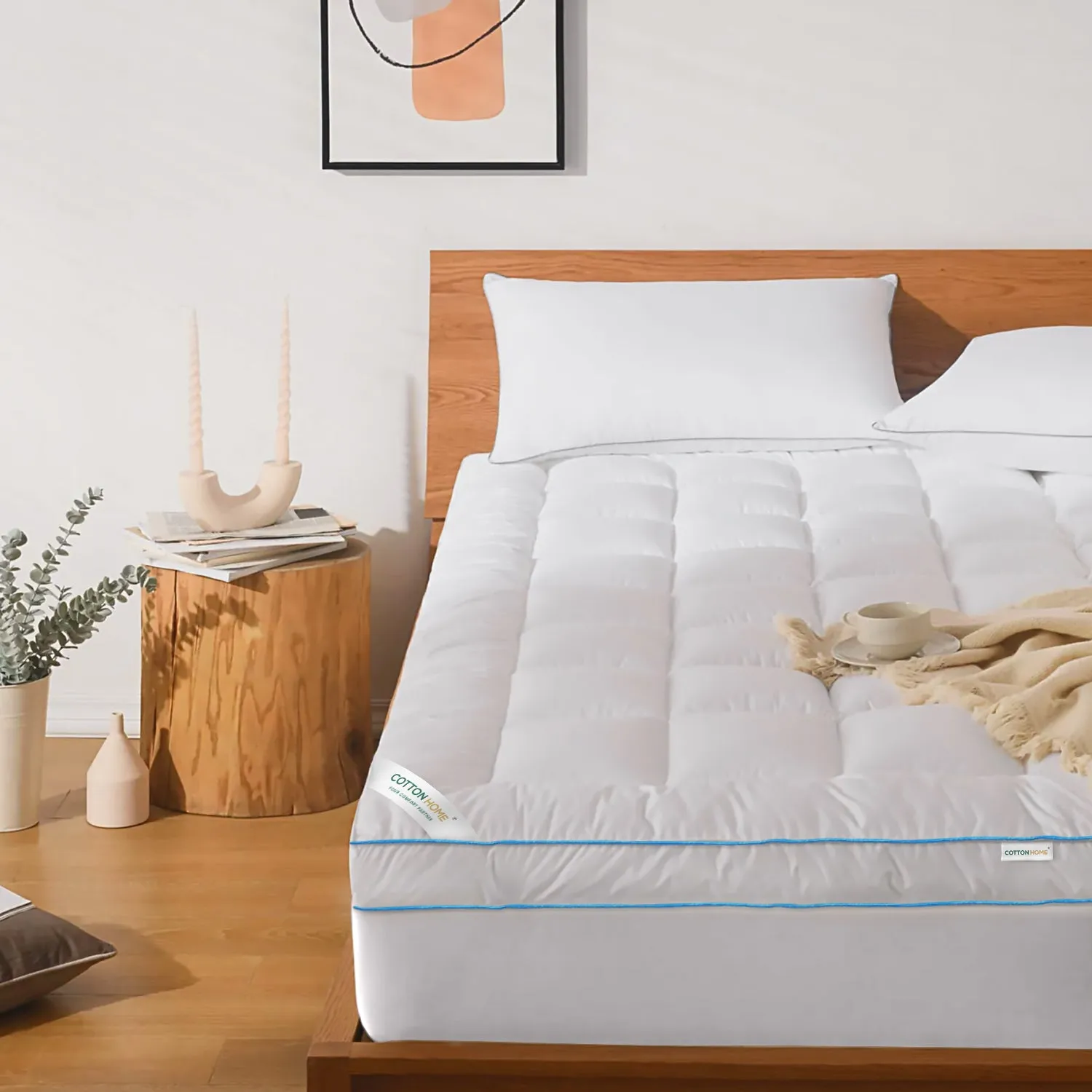 Gel Mattress Topper 8cm Thickness - 90x200cm White with Blue Cord