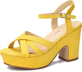 Jiu du Women's Platform Heels Sandals Open Toe Wedge Heels Suede Ankle Strap Chunky Heels Wedding Dressy Party Pumps