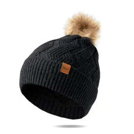 Ladies Plush Pom Pom Black Winter Hat