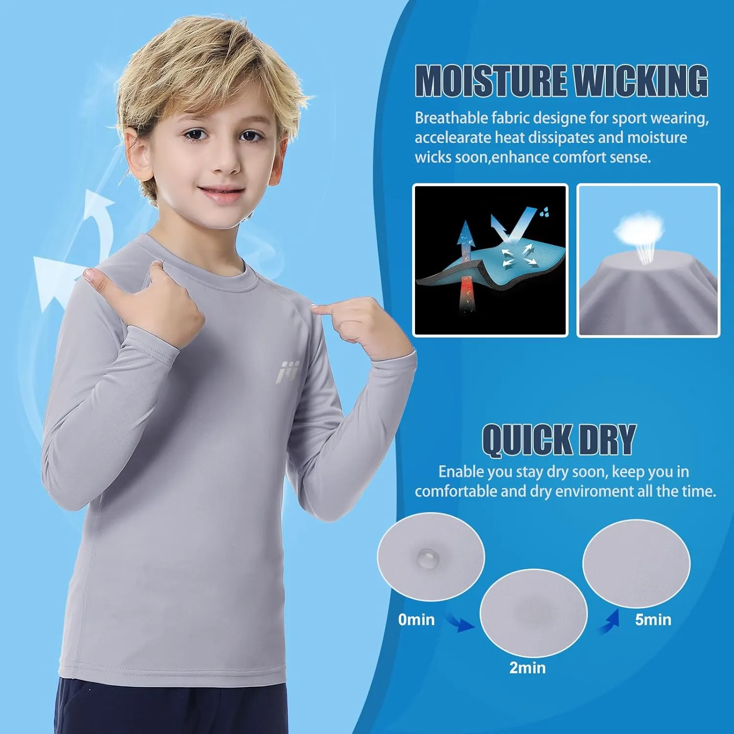 MEETWEE Children's Base Layer Boys Long Sleeve Shirt Quick Dry Kids Thermal Long Underwear,UPF50  Boy Rash Guard Shirts