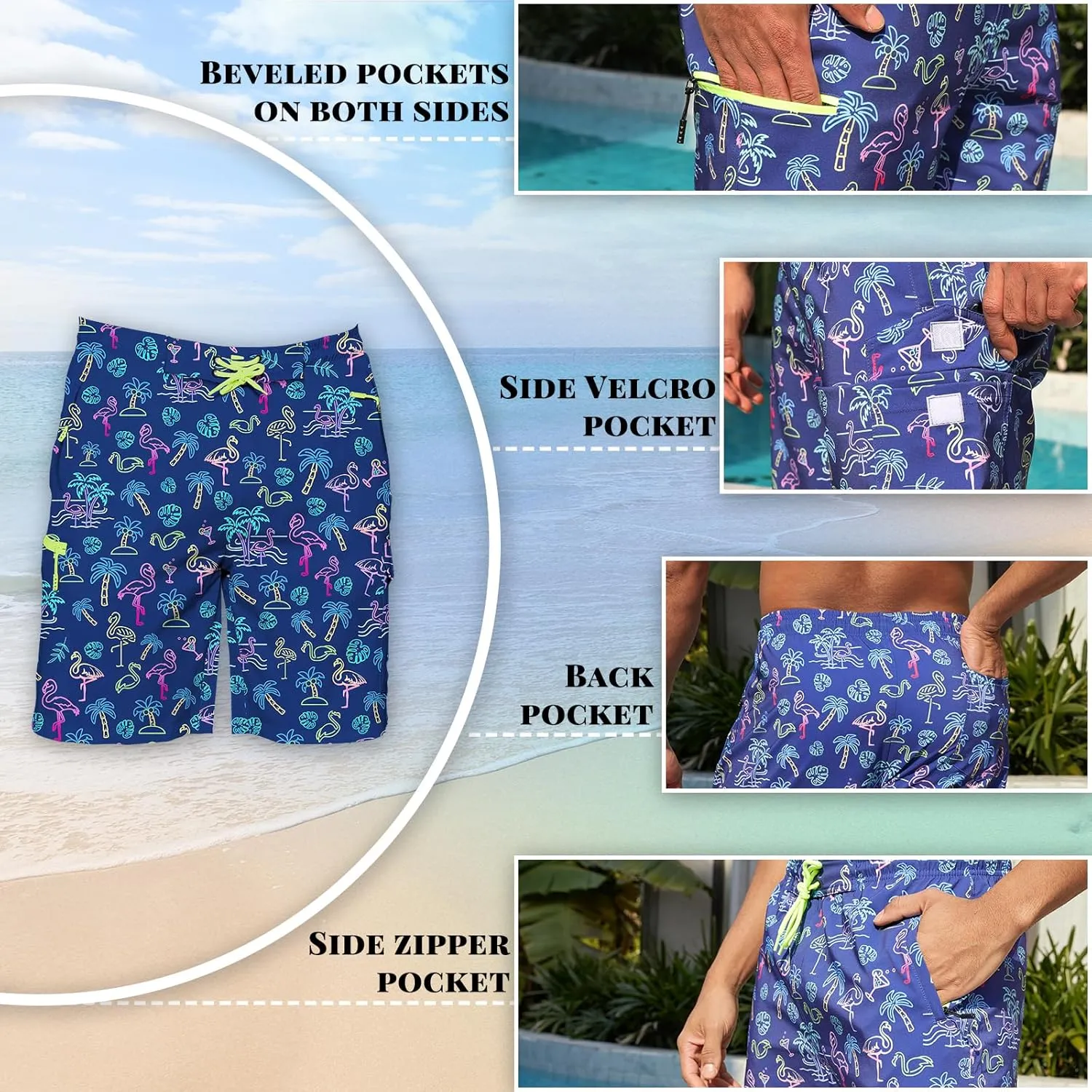 Mens Swim Trunks with Mesh Liner Board Shorts Quick Dry Bathing Suit Hawaii Swimwear for Men Long Shorts with Zipper