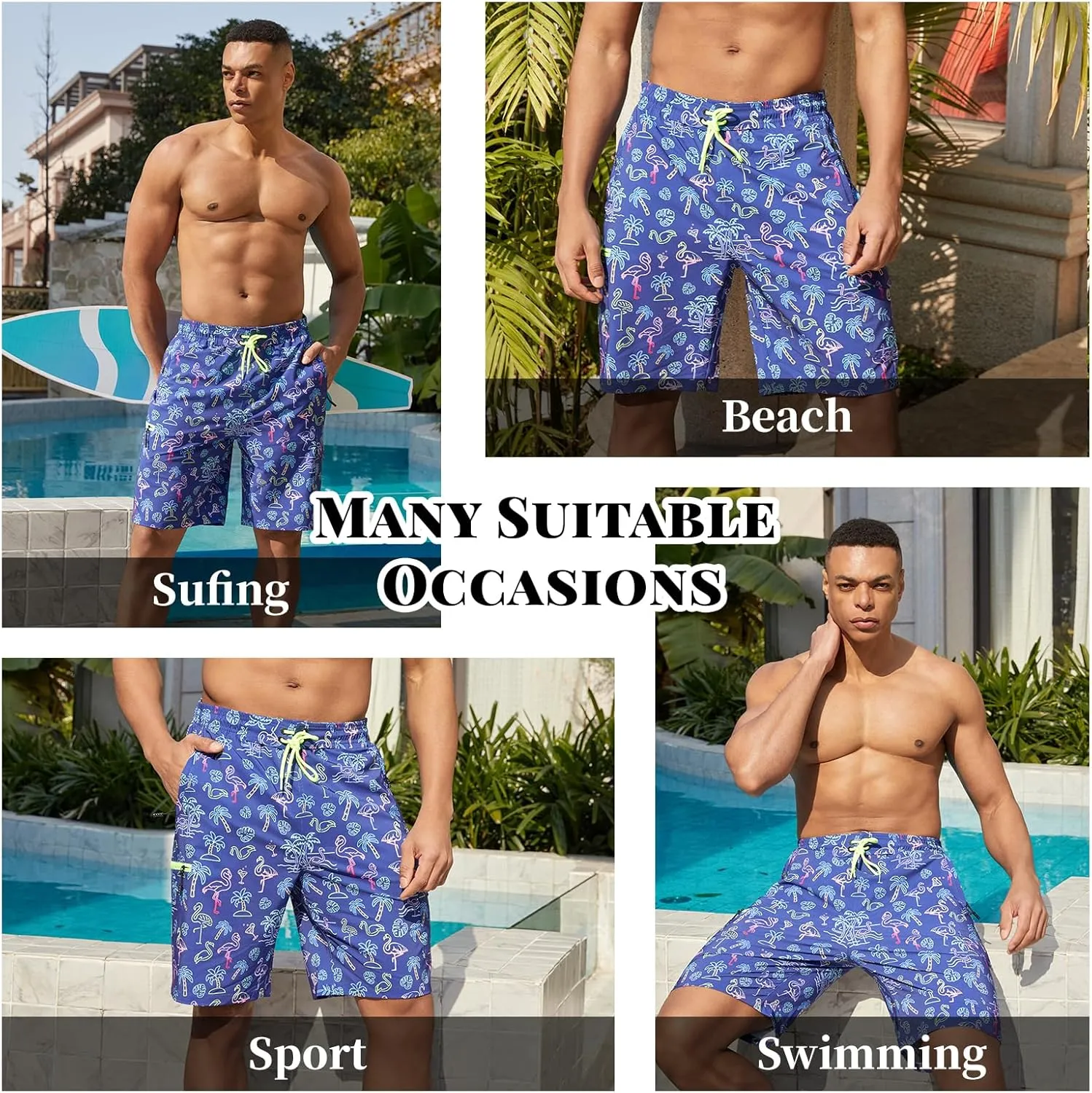 Mens Swim Trunks with Mesh Liner Board Shorts Quick Dry Bathing Suit Hawaii Swimwear for Men Long Shorts with Zipper