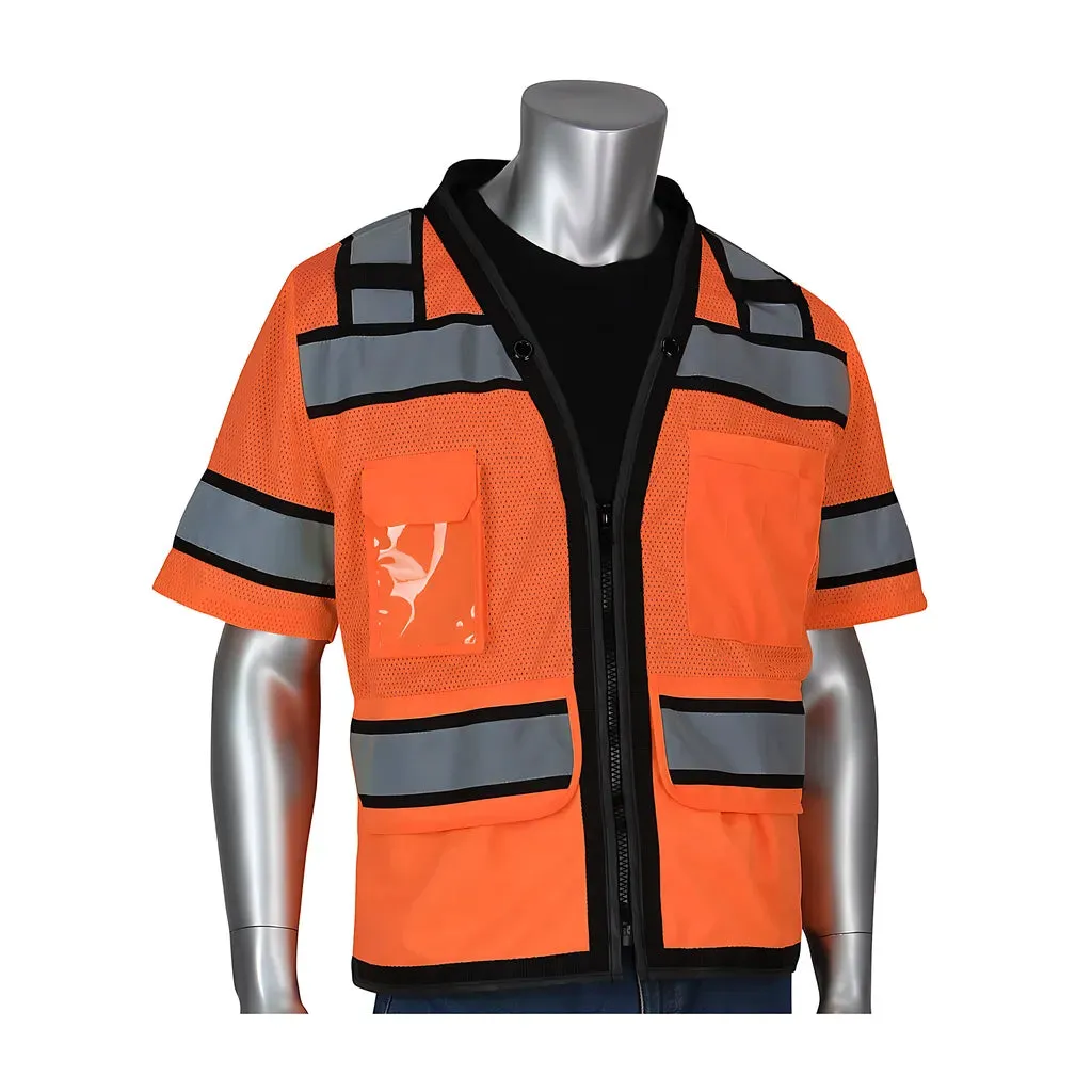 PIP 303-0800D-OR/M ANSI Type R Class 3 Black Two-Tone Eleven Pocket Tech-Ready Mesh Surveyors Vest with "D" Ring Access