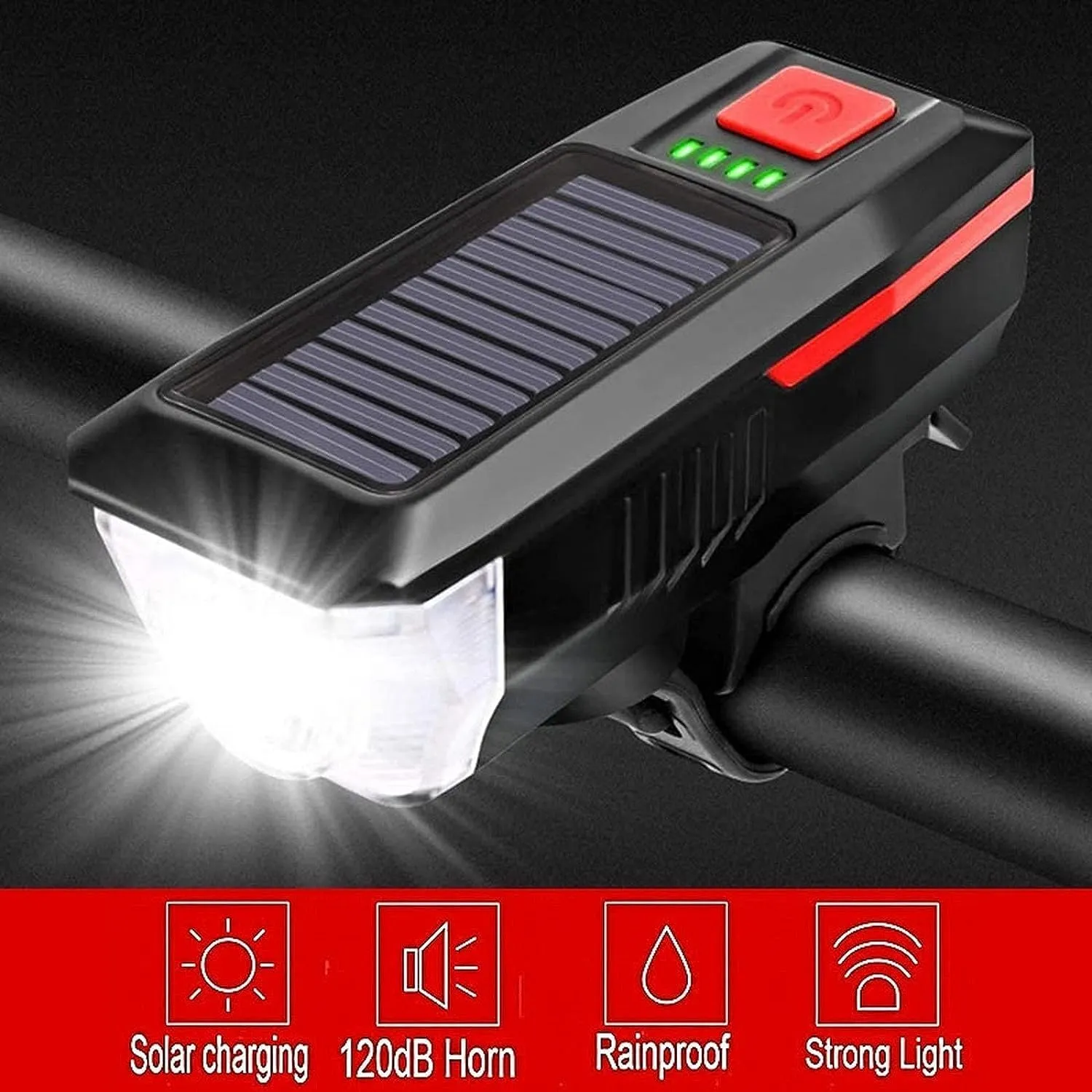 Solar Powered Bike Light, 3 Modes LED Headlight & Waterproof Bell, USB Rechargeable, Perfect for Road and Mountain Bikes