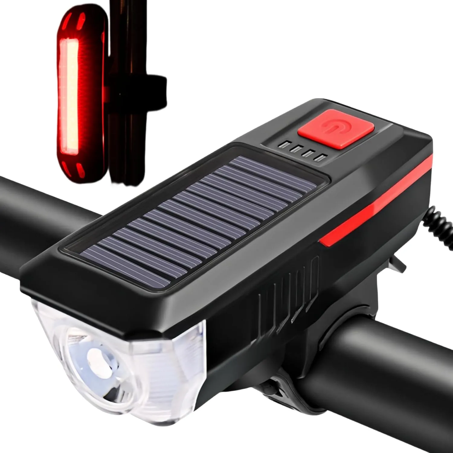 Solar Powered Bike Light, 3 Modes LED Headlight & Waterproof Bell, USB Rechargeable, Perfect for Road and Mountain Bikes