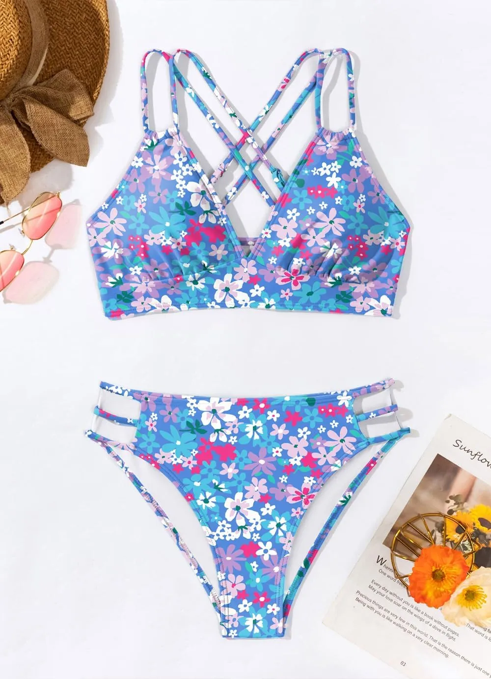 Tainehs Women's Push Up V Neck Bikini Sets Criss Cross Back Two Piece Bathing Suit
