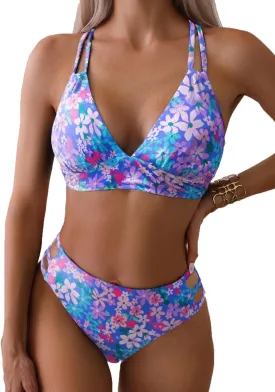 Tainehs Women's Push Up V Neck Bikini Sets Criss Cross Back Two Piece Bathing Suit