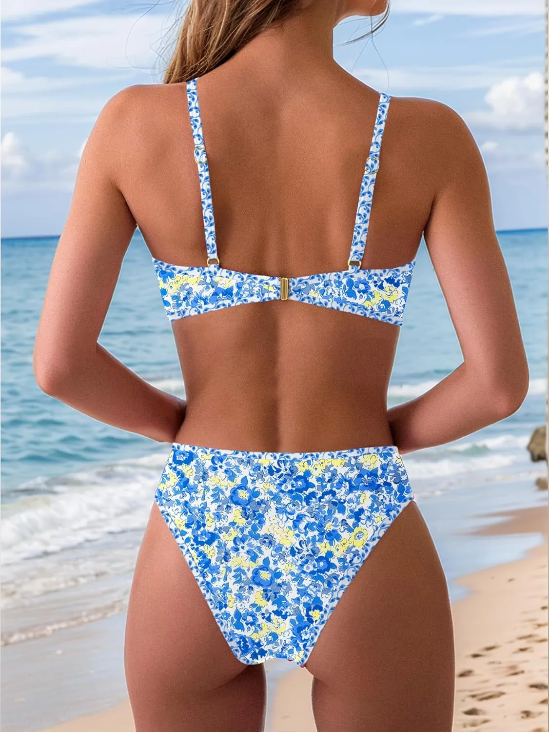 Tainehs Women's Two Piece Bikini Sets O Ring Front Top Ditsy Floral Triangle Swimsuits Cheeky Bathing Suit