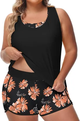 URBEST Women's Plus Size 3 Piece Tankini Bathing Suits, Athletic Swimsuits with Boy Shorts, Tank Top, and Sports Bra
